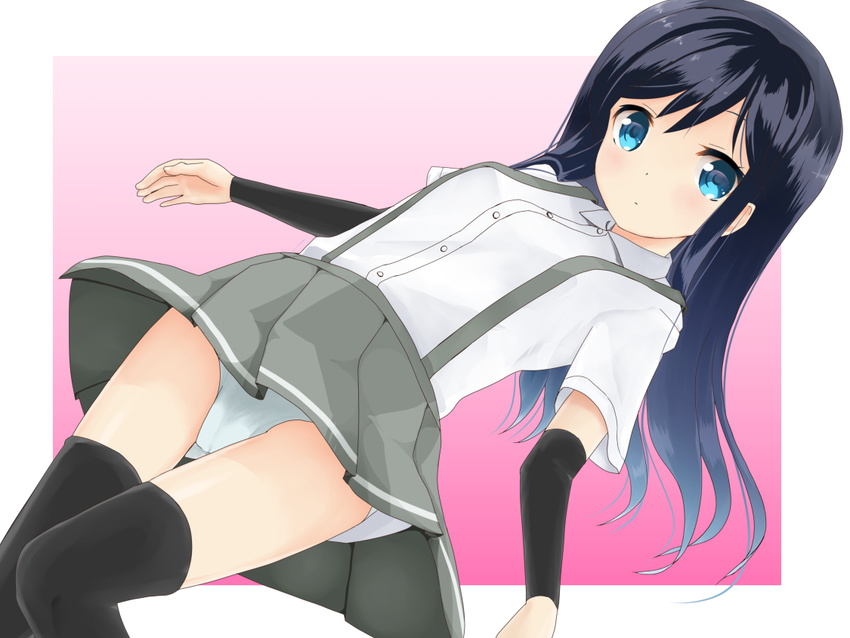 arm_warmers asashio_(kantai_collection) bad_id bad_nicoseiga_id black_hair black_legwear blue_eyes kantai_collection long_hair looking_at_viewer panties pleated_skirt school_uniform shirt short_sleeves skirt solo suspenders thighhighs underwear usagikoya white_panties white_shirt