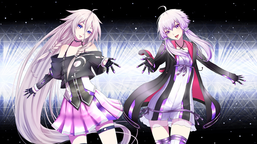 2girls adapted_costume ahoge alternative_costume black_gloves black_jacket black_shirt blue_eyes choker daburu dress duo exposed_shoulders female gloves ia_(vocaloid) jacket legband long_hair long_sleeves looking_at_viewer multiple_girls open_clothes open_jacket open_mouth outstretched_hand pink_skirt pleated pleated_skirt purple_eyes purple_hair purple_ribbon ribbon shirt short_dress shoulder shoulder_strap sidelocks skirt smile strap undershirt vocaloid voiceroid yuzuki_yukari