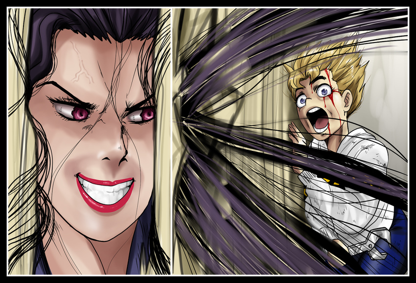 1girl anger_vein black_hair blonde_hair blood blood_on_face comic evil_grin evil_smile grin here's_johnny! hirose_kouichi jojo_no_kimyou_na_bouken lipstick love_deluxe makeup open_mouth parody purple_eyes red_eyes red_lipstick shimotsuki_kitsune smile spiked_hair stand_(jojo) sweater the_shining wrench yamagishi_yukako