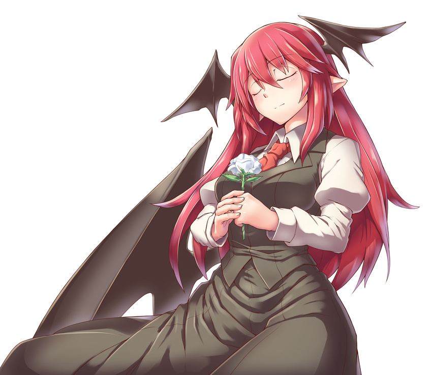 black_skirt closed_eyes collared_shirt flower hair_between_eyes head_wings juliet_sleeves koakuma long_hair long_sleeves necktie puffy_sleeves red_hair red_neckwear ryuuno_stadtfeld shirt simple_background skirt skirt_set solo touhou vest white_background white_shirt wings