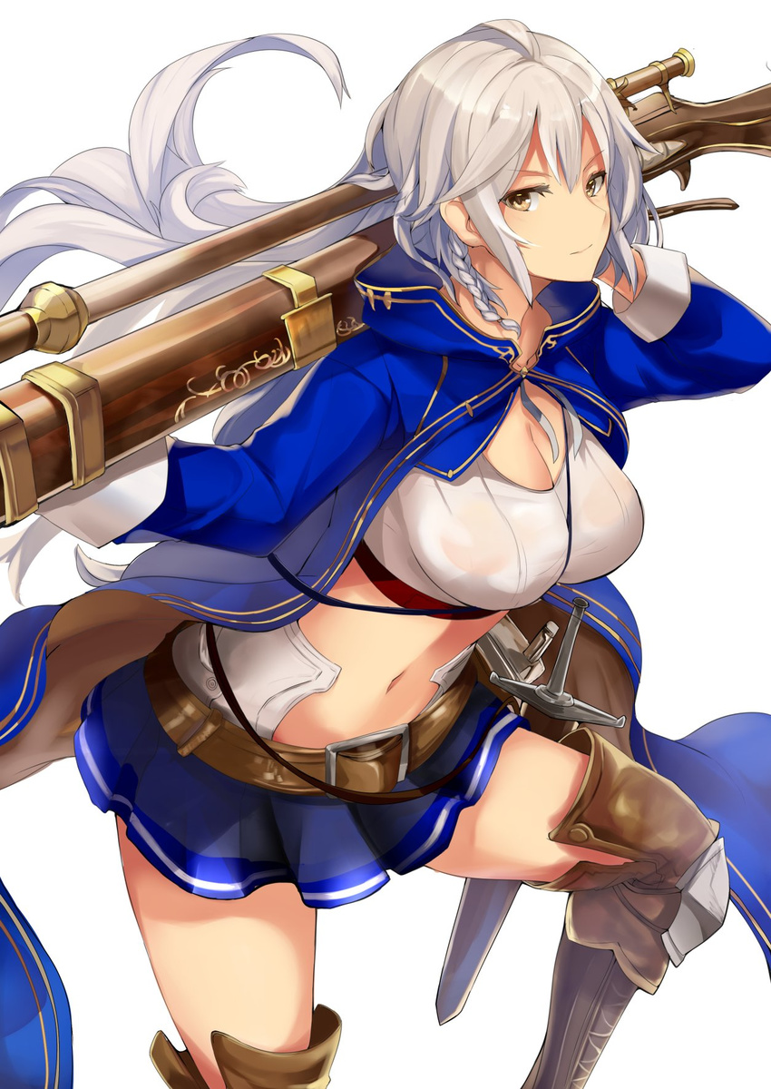 boots braid breasts brown_eyes cleavage crop_top granblue_fantasy gun haik highres large_breasts long_hair looking_at_viewer midriff miniskirt navel over_shoulder rifle silva_(granblue_fantasy) silver_hair skirt solo sword tailcoat thigh_boots thighhighs thighs very_long_hair weapon weapon_over_shoulder zettai_ryouiki