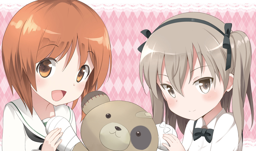 argyle argyle_background bad_id bad_pixiv_id bandaid bell_(oppore_coppore) boko_(girls_und_panzer) bow bowtie brown_eyes brown_hair girls_und_panzer grey_eyes grey_hair hair_bow hairband looking_at_viewer multiple_girls neckerchief nishizumi_miho ooarai_school_uniform open_mouth portrait school_uniform serafuku shimada_arisu smile stuffed_animal stuffed_toy teddy_bear twintails