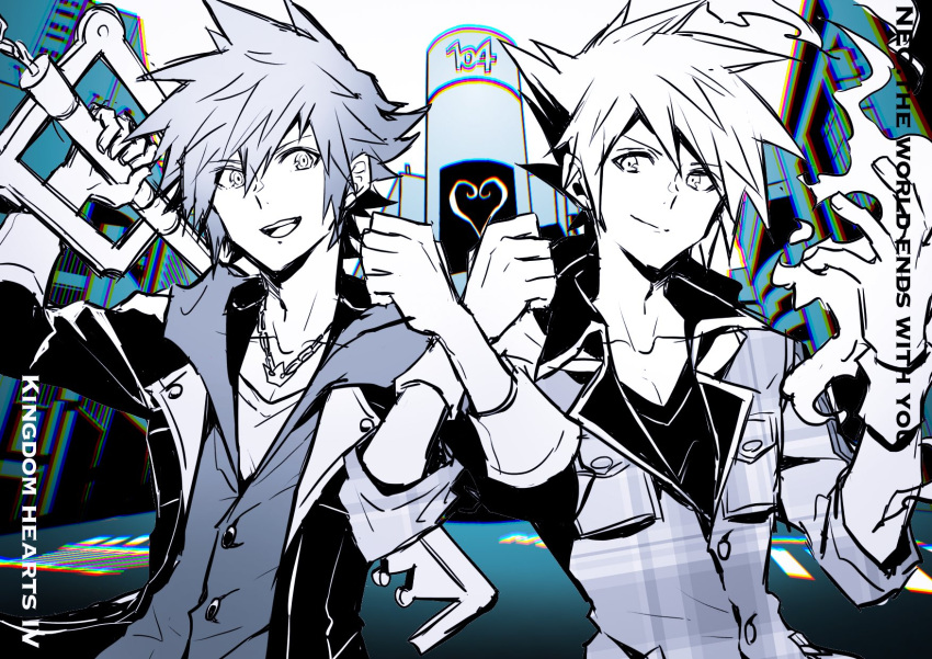 2boys company_connection crossover crown_(symbol) glowing glowing_hand highres hood hoodie jacket jewelry keyblade kingdom_hearts kingdom_hearts_iv kingdom_key looking_at_viewer monochrome multiple_boys necklace nero_(min2nr) over_shoulder sakuraba_neku shibuya_(tokyo) shin_subarashiki_kono_sekai smile sora_(kingdom_hearts) spiked_hair square_enix subarashiki_kono_sekai weapon weapon_over_shoulder