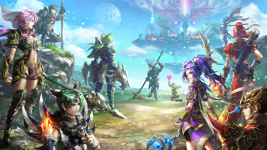 5girls armor arrow black_hair blue_sky bow_(weapon) breasts brown_hair cape castle character_request cleavage clenched_hand cloud day fingerless_gloves fire floating_island forehead_jewel gloves grass green_eyes green_hair hair_bun hand_on_hip headdress helmet highres kim_yura_(goddess_mechanic) kneeling lightning medium_breasts midriff monster multiple_boys multiple_girls navel outdoors outstretched_arms petals pink_hair planet polearm ponytail priston_tale purple_eyes purple_hair red_gloves red_hair scythe shield shiny sky sparkle spear staff sword town twintails vambraces weapon wings