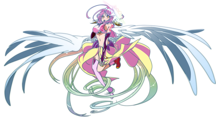 8041mm angel_wings breasts bridal_gauntlets crop_top feathered_wings finger_to_mouth gloves gradient_hair halo highres jibril_(no_game_no_life) large_breasts long_hair low_wings magic_circle midriff mismatched_legwear multicolored multicolored_eyes multicolored_hair navel no_game_no_life orange_eyes pink_hair seductive_smile sideboob smile solo tattoo thighhighs very_long_hair white_wings wing_ears wings yellow_eyes