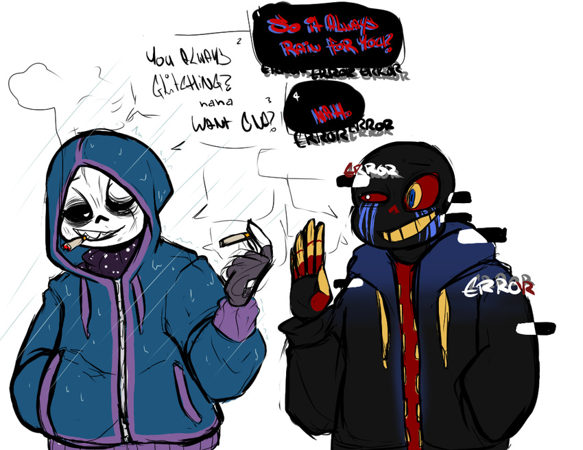 animated_skeleton bone cigarette clothed clothing errortale fingerless_gloves glitch gloves hoodie raining sans_(undertale) savvart skeleton smile smoking undead undertale video_games water