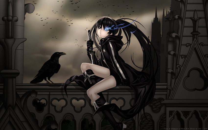 21 alphonse_(white_datura) animal bent_knees bikini bikini_top bird black_hair black_rock_shooter black_rock_shooter_(character) blue_eyes blue_fire boots church crow dark dark_background dark_colors female fire gloves holding holding_weapon huke jacket kuroi_mato long_hair sitting solo star_(symbol) swimsuit sword tied_hair twintails weapon