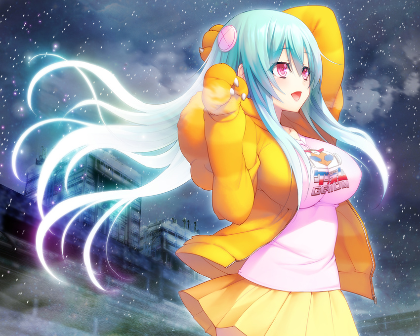 aqua_hair cropped game_cg hoodie hougyou_ilia long_hair night nitroplus oosaki_shinya red_eyes skirt stars tokyo_necro