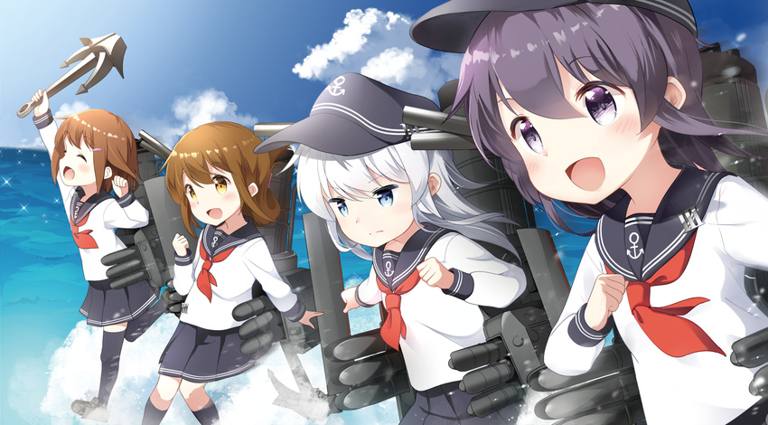 akatsuki_(kantai_collection) anchor bell_(oppore_coppore) black_legwear blue_eyes brown_eyes brown_hair cannon closed_eyes cloud day flat_cap folded_ponytail hat hibiki_(kantai_collection) highres ikazuchi_(kantai_collection) inazuma_(kantai_collection) kantai_collection long_hair long_sleeves machinery multiple_girls neckerchief ocean open_mouth purple_eyes purple_hair red_neckwear school_uniform serafuku shirt silver_hair skirt sky smile thighhighs thighs zettai_ryouiki