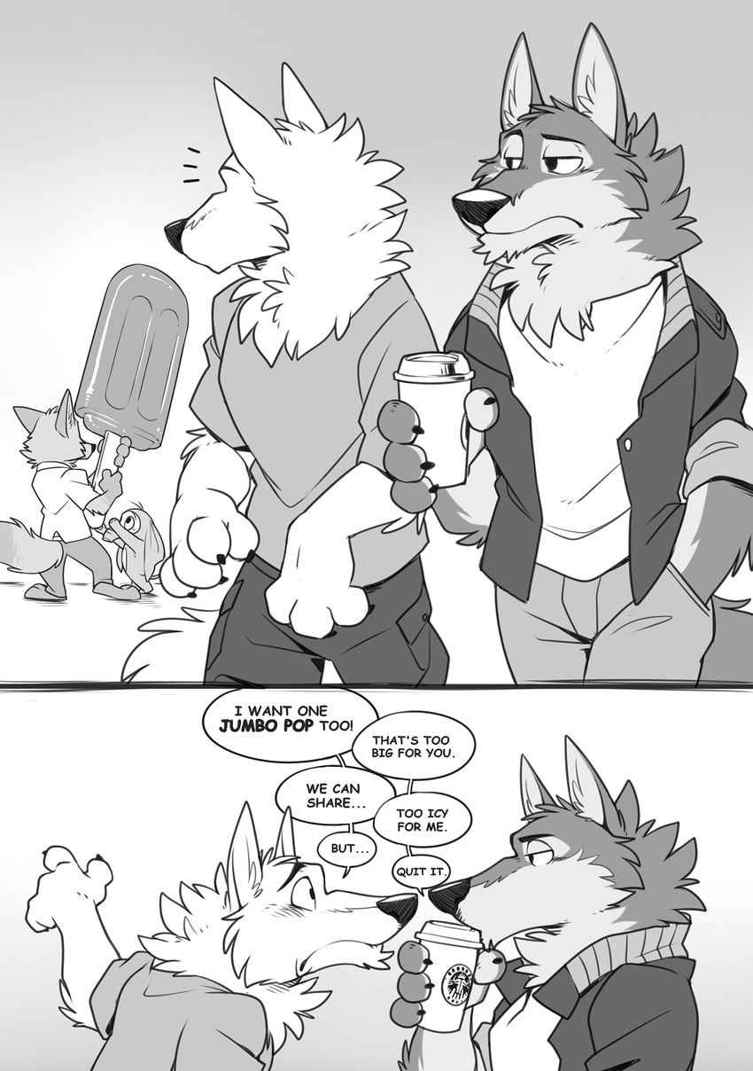 2016 4_fingers barefoot beverage black_nose black_wolf_(zootopia) canine clothed clothing comic costume cup dialogue disney drinking duo english_text fennec finnick food fox fur greyscale half-closed_eyes harry_(zootopia) jacket male mammal monochrome nick_wilde pants popsicle shirt speech_bubble starbuck takemoto_arashi text wolf zootopia