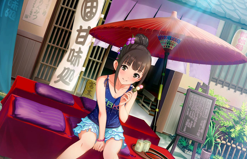 artist_request black_hair bracelet cup dango flower food green_eyes hair_bun hair_flower hair_ornament hamaguchi_ayame idolmaster idolmaster_cinderella_girls idolmaster_cinderella_girls_starlight_stage jewelry official_art outdoors sanshoku_dango sitting smile solo steam tray wagashi yunomi