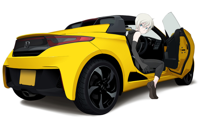 blue_eyes commentary_request elbow_gloves gloves ground_vehicle hair_between_eyes hair_ornament hairclip highres honda honda_s660 motor_vehicle original shoes short_hair solo tomcat white_background white_hair