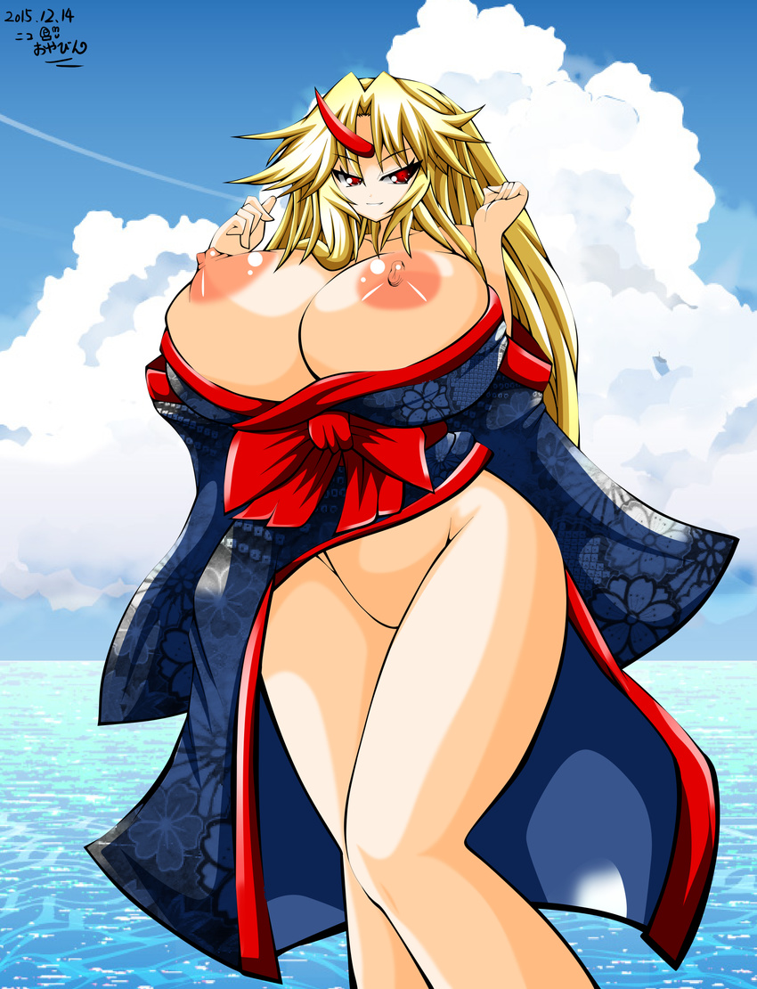 big_breasts blonde_hair breasts clothed clothing demon erect_nipples female hair hi_res horn hoshiguma_yuugi huge_breasts japanese_clothing kimono long_hair nico_oyabin nipples not_furry oni open_shirt pose red_eyes smile solo touhou voluptuous wide_hips