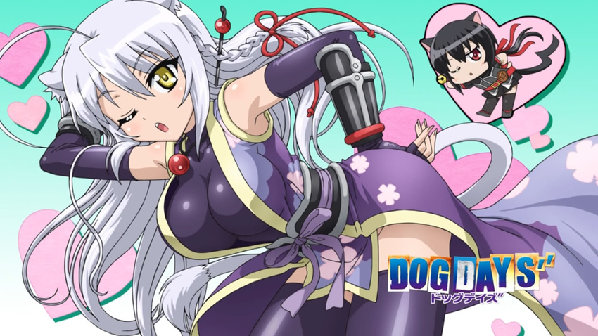 ahoge animal_ears black_hair braid breasts cat_ears cat_tail cosplay dog_days gloves hair_ribbon highres japanese_clothes large_breasts leonmitchelli_galette_des_rois long_hair multiple_girls noir_vinocacao one_eye_closed open_mouth ponytail red_eyes ribbon screencap short_hair silver_hair tail thighhighs yellow_eyes yukikaze_panettone yukikaze_panettone_(cosplay)