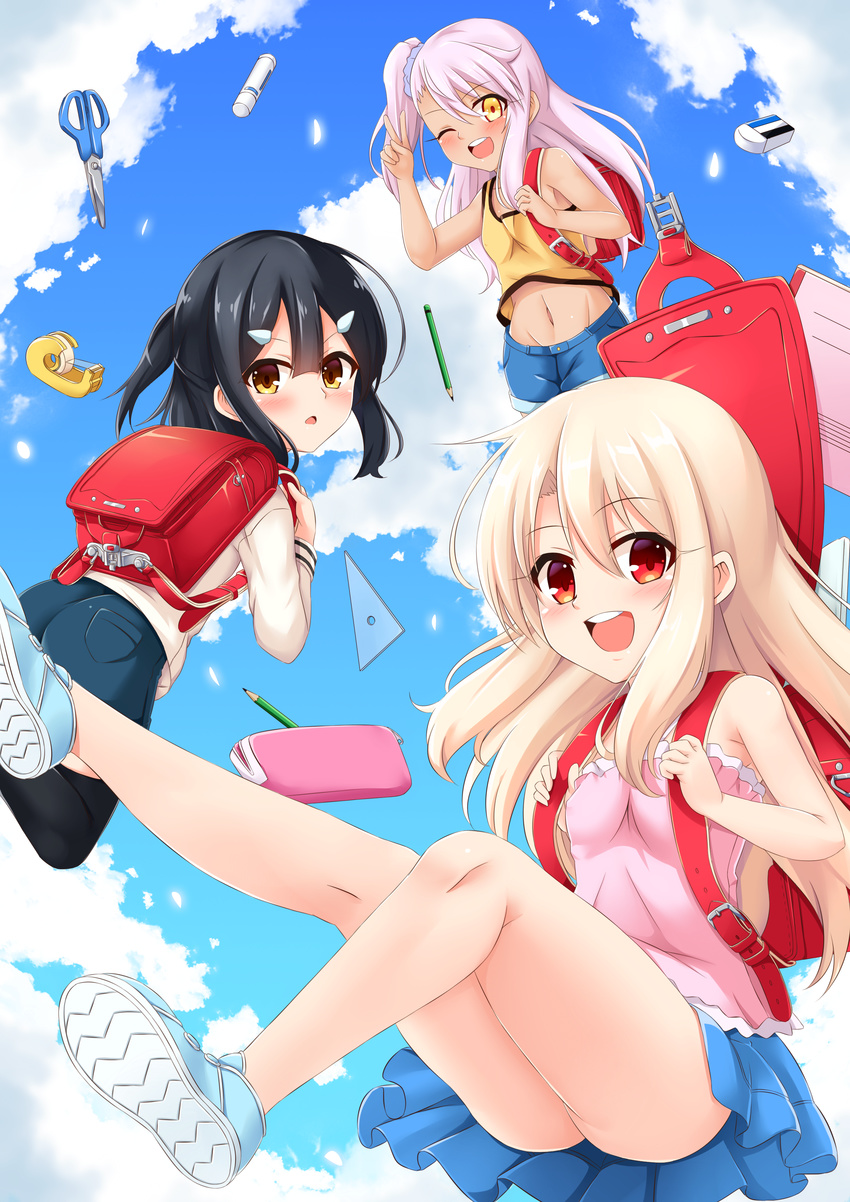 3girls :d ;d absurdres ass backpack bag bare_shoulders black_hair black_legwear blonde_hair brown_eyes chloe_von_einzbern cloud dark_skin eraser fate/kaleid_liner_prisma_illya fate/stay_night fate_(series) glue_stick groin hair_ornament hair_scrunchie hairclip highres illyasviel_von_einzbern kuroe_von_einzbern long_hair looking_at_viewer luviagelita_edelfelt midriff miyu_edelfelt multiple_girls navel no_socks nopan one_eye_closed open_mouth pencil pencil_case pink_hair randoseru red_eyes scissors scrunchie shorts side_ponytail skirt sky smile tank_top tape tekku_(07201115) thighhighs v yellow_eyes