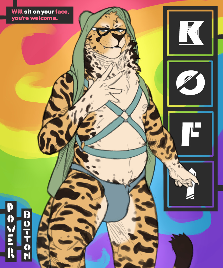 anthro blue_eyes bulge cheetah claws clothed clothing digital_media_(artwork) feline fur harness icecreamdraws jockstrap king_cheetah kofi looking_at_viewer male mammal nipples power_bottom simple_background smile solo spots spotted_fur standing underwear