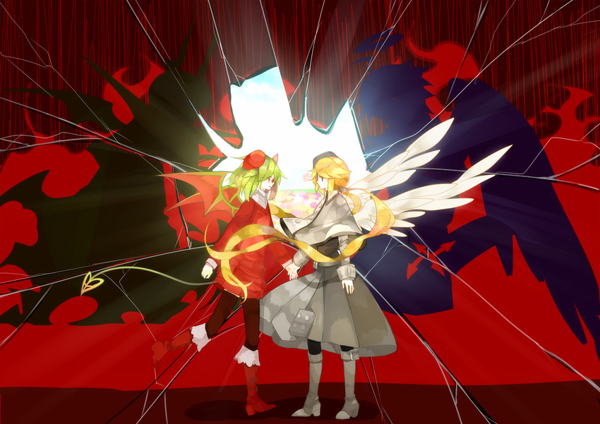 2girls angel_wings bad_id bad_pixiv_id black_legwear blonde_hair blue_eyes blush boots broken_glass capelet cross cross_necklace demon_girl demon_wings dice_hair_ornament dress dual_persona froze_(haiiro_teien) glass glasses green_hair grey_dress haiiro_teien hair_ornament holding_hands horns jewelry long_hair multiple_boys multiple_girls necklace red_eyes semi-rimless_eyewear sherbet_(haiiro_teien) short_hair silhouette sweater sweater_dress time_paradox turtleneck twintails wings yerong yosafire yosaflame