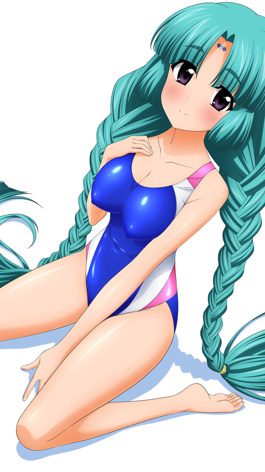 absurdres braid canal_vorfeed competition_swimsuit green_hair highres long_hair lost_universe one-piece_swimsuit purple_eyes solo sugimura_tomokazu swimsuit twin_braids twintails