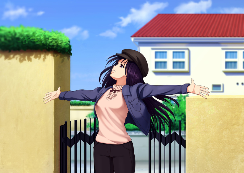 artist_request beret breasts building cabbie_hat day fence game_cg hat highres house ikezawa_hanako jacket katawa_shoujo long_sleeves mansion open_clothes open_jacket open_mouth outdoors outstretched_arms pink_shirt purple_eyes purple_hair shirt small_breasts smile solo spread_arms wall what_if