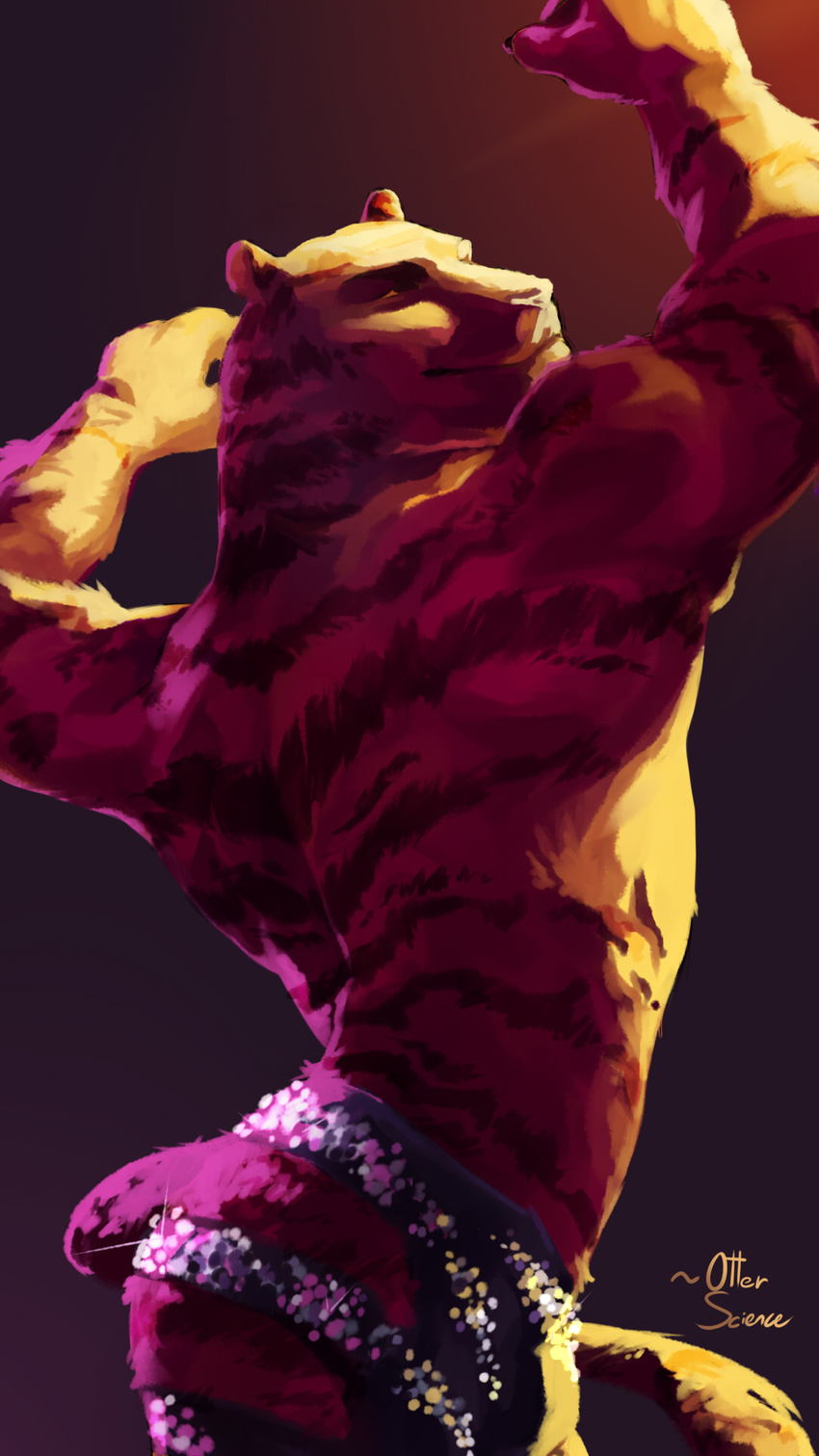 2016 anthro arms_above_head black_fur butt claws clothed clothing disney feline flexing fur glitter looking_up male mammal muscular muscular_male orange_fur otterscience partially_nude raised_arm shiny solo standing stripes stripper_tiger_(zootopia) tiger topless underwear zootopia zootopia_shorts