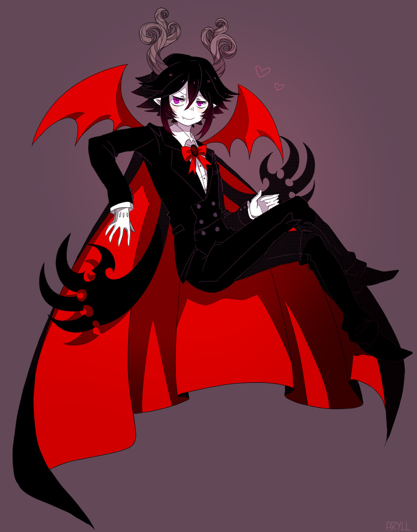 aryll_(marbles) bad_id bad_pixiv_id black_hair bow bowtie cape demon_boy demon_horns demon_wings formal gloves haiiro_teien highres horns male_focus purple_eyes red_cape satanick sitting smile solo suit wings