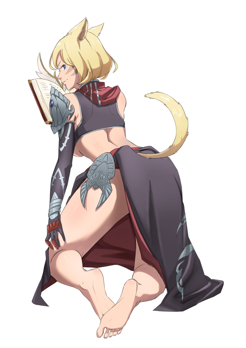 animal_ears barefoot blonde_hair blue_eyes book breasts cat_ears cat_tail elbow_gloves facial_mark feet final_fantasy final_fantasy_xiv full_body gloves highres imdsound kneeling looking_at_viewer midriff miqo'te miqo'te short_hair simple_background smile soles solo summoner_(final_fantasy) tail underboob