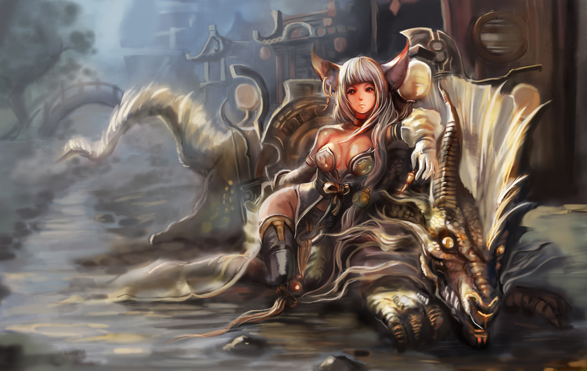 animal_ears architecture bare_shoulders big_kapipara boots choker dragon earrings east_asian_architecture gloves groin highres horns jewelry long_hair looking_at_viewer red_eyes saddle silver_hair thigh_boots thighhighs town