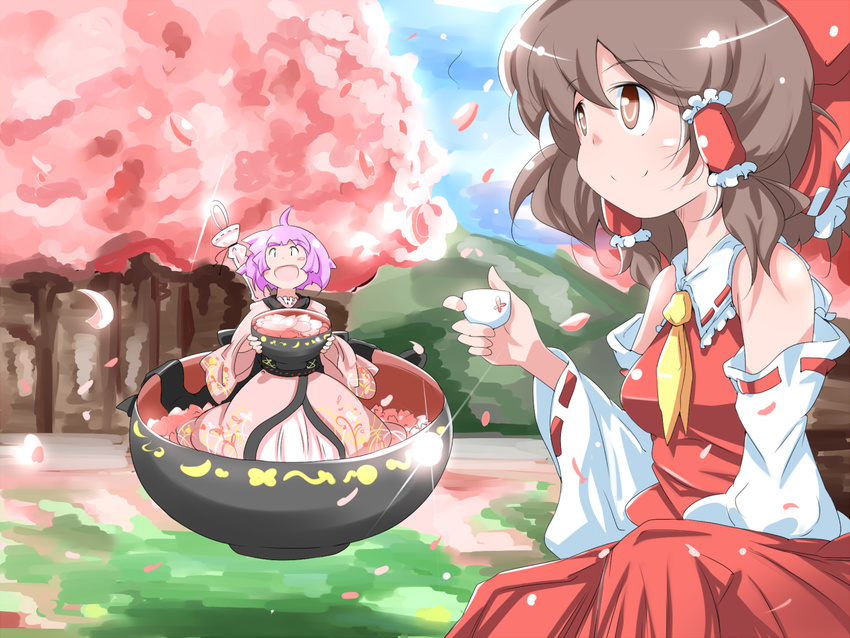 :d ahoge ascot blue_sky blush_stickers brown_eyes brown_hair cherry_blossoms choko_(cup) cup day detached_sleeves floating glint grass hair_ribbon hair_tubes hakurei_reimu hanami hill in_bowl in_container japanese_clothes kikurage_(sugi222) kimono lavender_hair levitation looking_up minigirl multiple_girls needle open_mouth petals ribbon ribbon-trimmed_sleeves ribbon_trim skirt skirt_set sky smile sukuna_shinmyoumaru touhou tree
