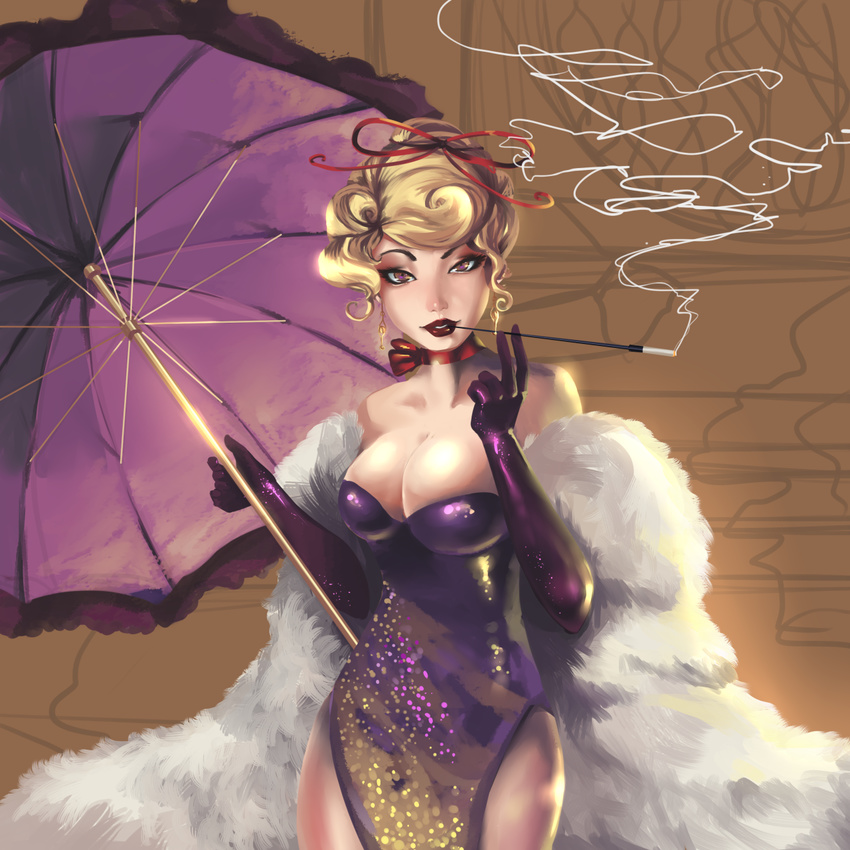 1girl alternate_costume bare_shoulders blonde_hair breasts choker cigarette_holder cleavage dress elbow_gloves eyebrows eyeliner feather_boa formal gloves hair_ribbon hannah_santos highres large_breasts lips lipstick looking_at_viewer makeup parasol purple_dress purple_eyes purple_gloves ribbon ribbon_choker short_hair smoking solo strapless strapless_dress touhou umbrella yakumo_yukari