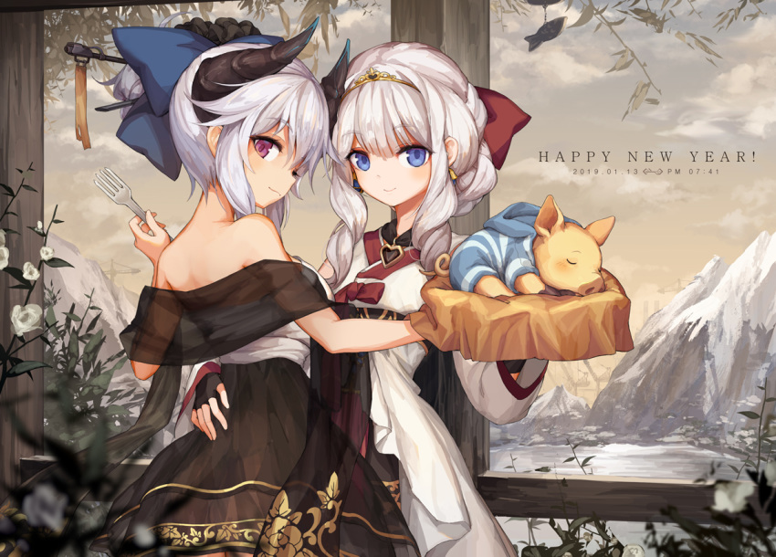 2girls animal bare_shoulders black_dress black_gloves blue_bow blue_eyes blush bow chinese_zodiac closed_mouth cloud cloudy_sky commentary curled_horns dated demon_horns dress english_commentary eyes_closed fingerless_gloves flower fork gloves hair_bow hanbok hand_on_another's_waist happy_new_year head_tilt holding holding_fork horns jakoujika korean_clothes long_hair long_sleeves looking_at_viewer looking_back mountain multiple_girls new_year original pig red_bow red_eyes ringlets see-through silver_hair sky smile tiara white_dress white_flower year_of_the_pig