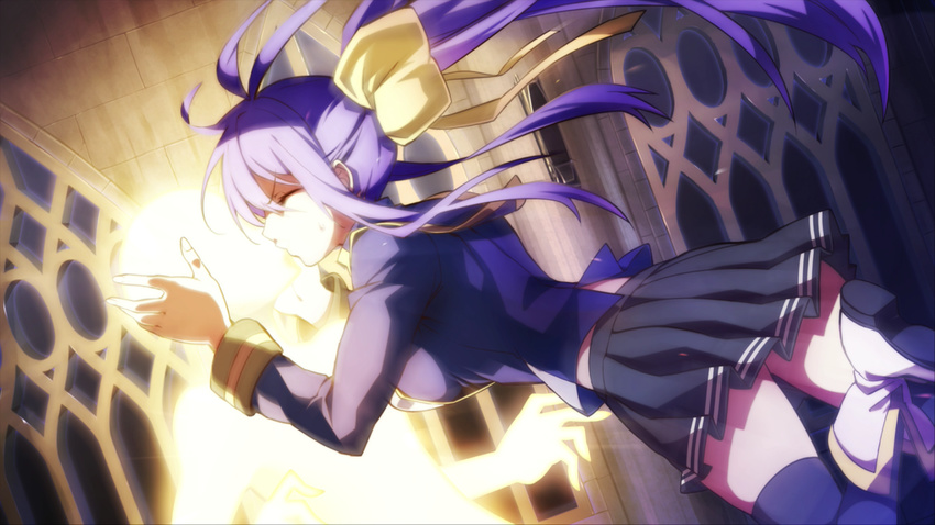 antenna_hair blazblue blazblue:_chronophantasma blazblue_remix_heart blue_hair bow breasts closed_eyes dutch_angle faceless from_side game_cg genderswap genderswap_(mtf) glowing hair_bow hallway hands_on_another's_face highres indoors kiss large_breasts long_hair looking_at_another mai_natsume ponytail profile ribbon school_uniform sumeshi_(ambivalince) surprised sweat thighhighs very_long_hair window
