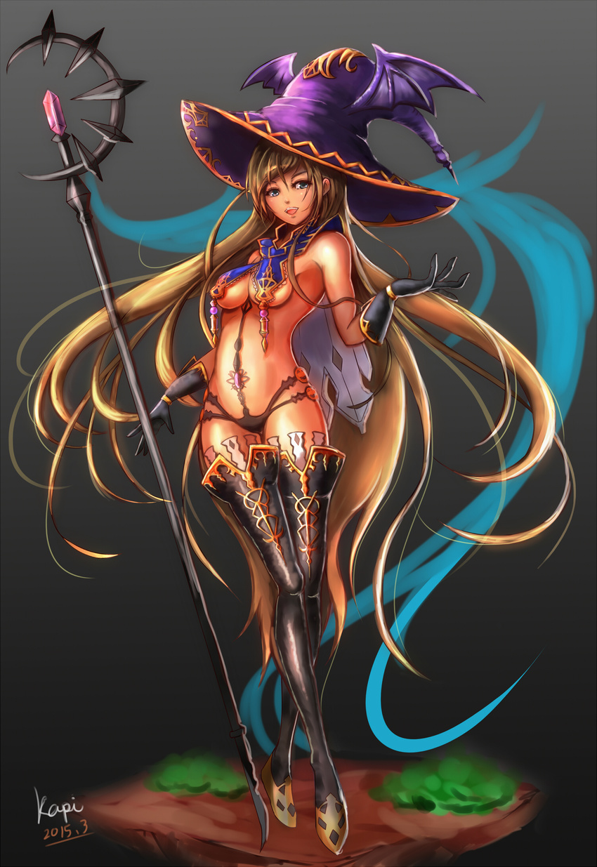 :d bare_shoulders big_kapipara black_footwear black_legwear blonde_hair blue_eyes boots breasts gloves gradient gradient_background grass hat highres long_hair medium_breasts open_mouth smile solo thigh_boots thighhighs underboob very_long_hair witch_hat