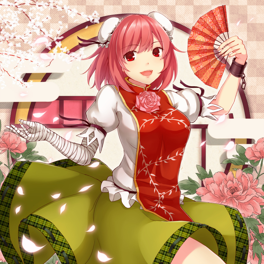 :d bad_id bad_pixiv_id bandaged_arm bandages blush breasts bun_cover checkered checkered_background cherry_blossoms cow cuffs dabadhi double_bun egasumi eyebrows fan fingernails flower folding_fan green_skirt highres holding ibaraki_kasen large_breasts looking_at_viewer open_mouth peony_(flower) petals pink_flower pink_hair plaid puffy_short_sleeves puffy_sleeves red_eyes red_ribbon ribbon ribbon-trimmed_skirt ribbon_trim shackles short_hair short_sleeves skirt smile solo spring_(season) tabard tareme thighs touhou tree_branch