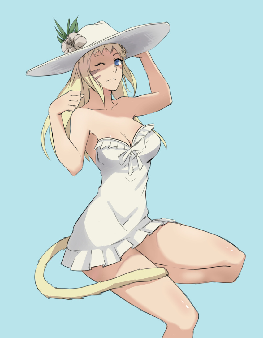 1girl animal_ears bare_shoulders blonde_hair blue_eyes cat_ears cat_tail dress facial_mark final_fantasy final_fantasy_xiv hat highres imdsound long_hair miqo'te miqo'te one_eye_closed solo strapless strapless_dress tail