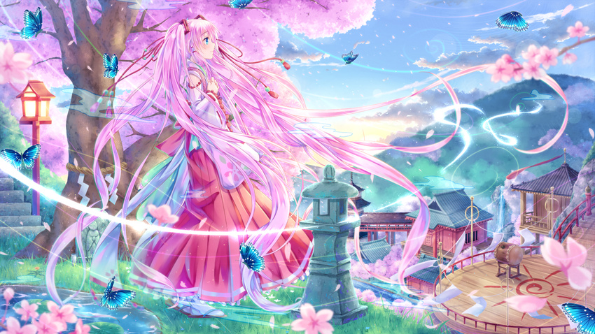 absurdly_long_hair blue_eyes cherry_blossoms detached_sleeves hatsune_miku highres japanese_clothes kimono long_hair pink_hair sakakidani sakura_miku solo spring_(season) twintails very_long_hair vocaloid