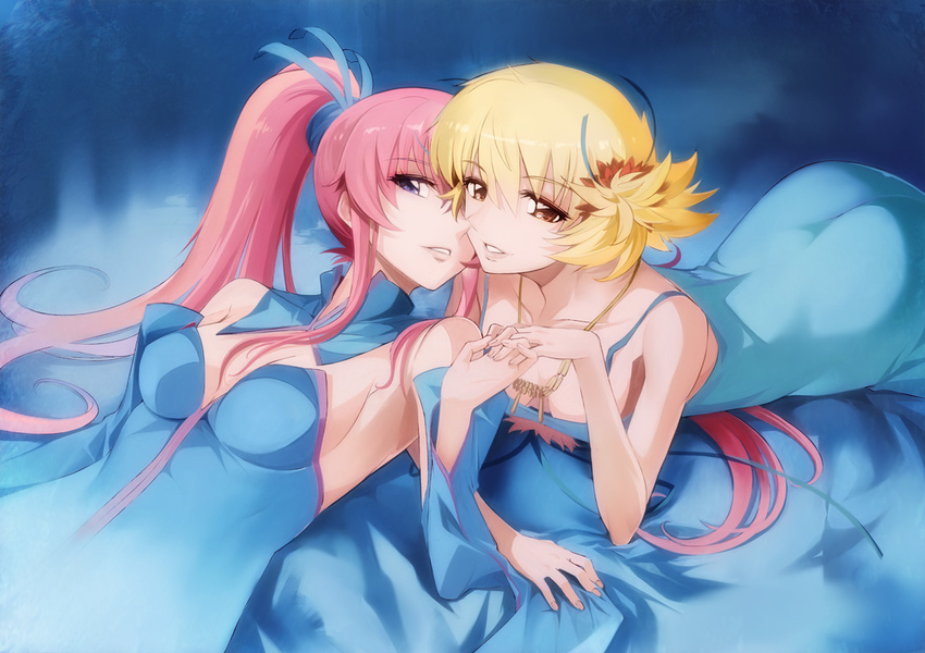ass bare_shoulders blonde_hair blue_dress breasts brown_eyes cagalli_yula_athha cleavage collarbone detached_collar detached_sleeves dress grin gundam gundam_seed hair_ribbon holding_hands jewelry lacus_clyne lips long_hair lying medium_breasts miyo_(13th_floor) multiple_girls necklace on_back on_stomach pink_hair purple_eyes ribbon shiny shiny_hair short_hair sidelocks smile twintails