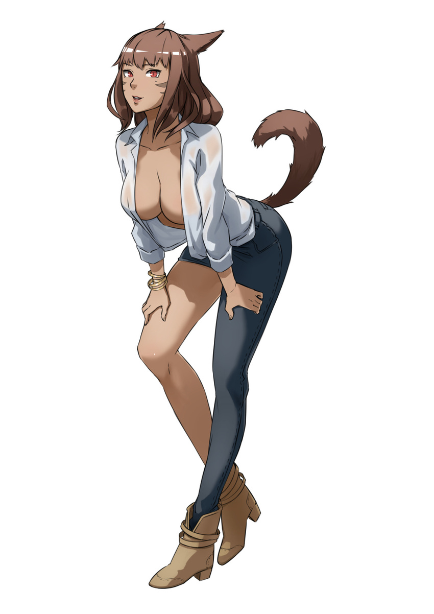 animal_ears asymmetrical_clothes breasts brown_hair cat_ears cat_tail cleavage dark_skin facial_mark final_fantasy final_fantasy_xiv highres imdsound looking_at_viewer miqo'te miqo'te open_clothes open_shirt red_eyes shirt short_hair simple_background single_pantsleg solo tail whisker_markings
