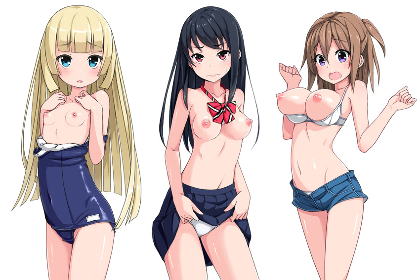 black_hair blonde_hair blush bra bra_pull breasts breasts_outside brown_hair cleavage covered_navel groin hime_cut kimagure_blue large_breasts long_hair looking_at_viewer multiple_girls navel neck_ribbon nipples old_school_swimsuit one-piece_swimsuit one_side_up open_mouth original panties parted_lips pleated_skirt purple_eyes red_eyes ribbon school_swimsuit shorts simple_background skirt skirt_lift small_breasts smile strip_hair sweatdrop swimsuit swimsuit_pull topless underwear white_background white_bra white_panties