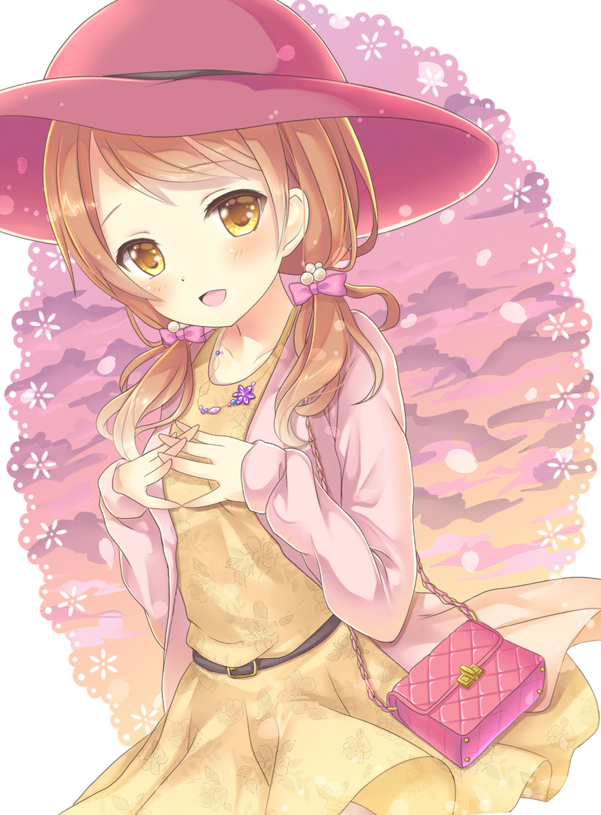 bag brown_dress brown_eyes brown_hair dress floral_print hair_ornament handbag harukaruha hat highres houjou_karen idolmaster idolmaster_cinderella_girls interlocked_fingers jacket jewelry long_hair long_sleeves low_twintails necklace open_clothes open_jacket open_mouth pendant smile solo twintails