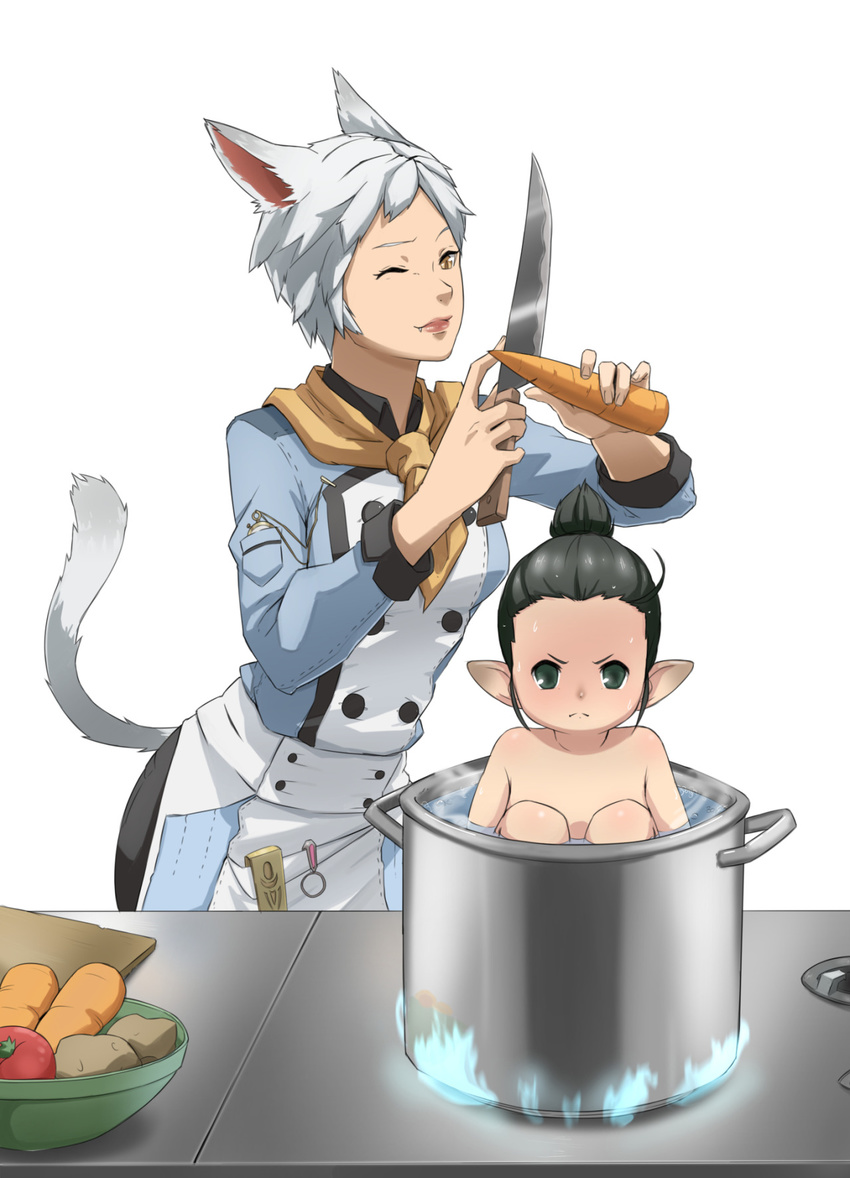 1boy 1girl 2girls animal_ears black_hair brown_eyes cat_ears cat_tail cooking final_fantasy final_fantasy_xiv green_eyes grey_hair highres imdsound in_container knife lalafell miqo'te miqo'te multiple_girls nude one_eye_closed pointy_ears pot short_hair tail