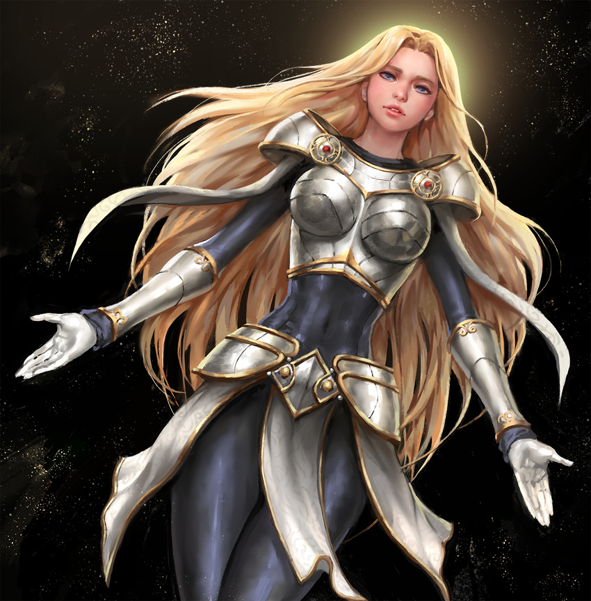 armor backlighting belt black_background blonde_hair blue_eyes bodysuit boobplate bracer breastplate covered_navel dutch_angle gauntlets gloves highres jang_ju_hyeon league_of_legends loincloth long_hair looking_at_viewer luxanna_crownguard outstretched_arms simple_background solo very_long_hair white_gloves