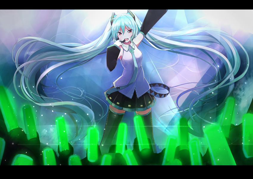 absurdly_long_hair aqua_hair arm_up brown_eyes commentary_request concert detached_sleeves glowstick hatsune_miku headset highres kazenoko letterboxed long_hair necktie open_mouth skirt solo thighhighs twintails very_long_hair vocaloid