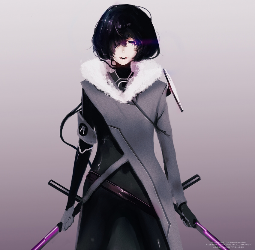 aoi_ogata black_hair dual_wielding eyepatch hair_over_one_eye highres holding original purple_eyes short_hair solo sword weapon