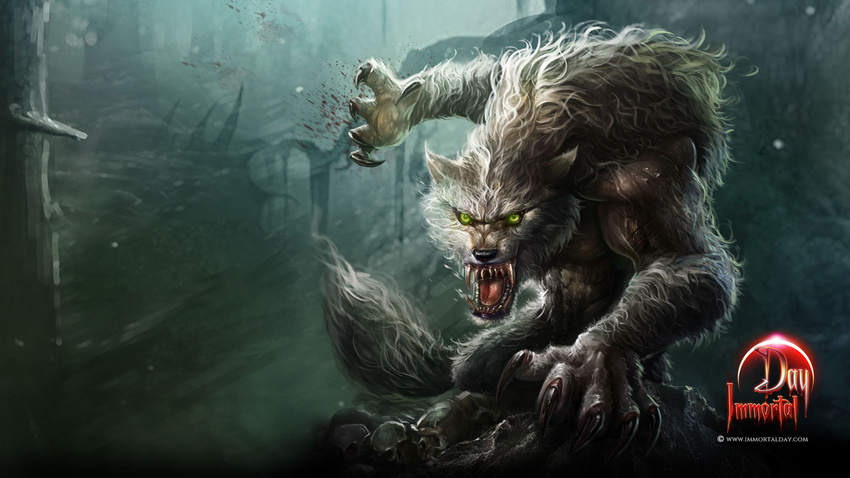 angry arm_support biceps big_muscles blood_on_hand blood_on_mouth body_hair bright_eyes canine claws crouching detailed detailed_background digital_media_(artwork) fighting_stance forest fur grey_fur hi_res inmortal_day looking_at_viewer male mammal muscular night official_art open_mouth outside pecs raised_arm saliva sharp_claws sharp_teeth solo teeth tongue tree unknown_artist vein wallpaper were werewolf yellow_eyes