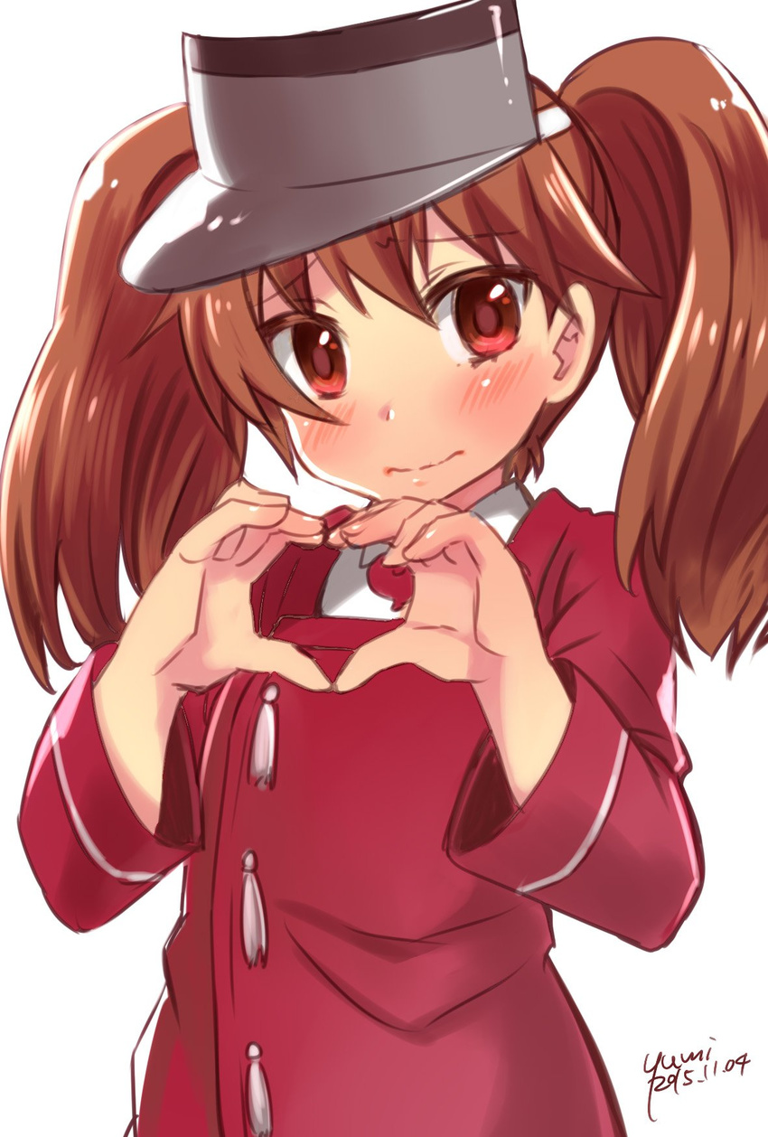 bangs blush brown_eyes brown_hair dated embarrassed heart heart_hands highres japanese_clothes kantai_collection kariginu looking_at_viewer magatama ryuujou_(kantai_collection) signature simple_background solo twintails visor_cap white_background yumi_yumi