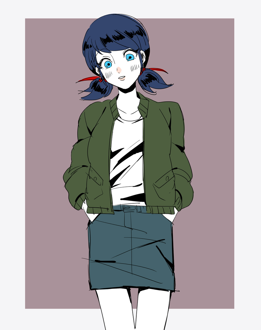 absurdres alternate_costume aoi_(ao1yui) blue_eyes blue_hair blush denim denim_skirt earrings green_jacket hands_in_pockets highres jacket jewelry marinette_dupain-cheng miraculous_ladybug open_clothes open_jacket skirt solo twintails