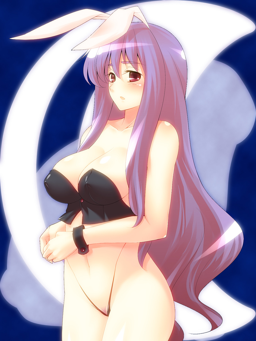 animal_ears bare_shoulders blush breasts bunny_ears bustier cleavage covered_nipples hands_together highres jpeg_artifacts large_breasts long_hair looking_at_viewer lowleg navel open_mouth pubic_hair purple_hair red_eyes reisen_udongein_inaba simple_background solo touhou tro very_long_hair wrist_cuffs