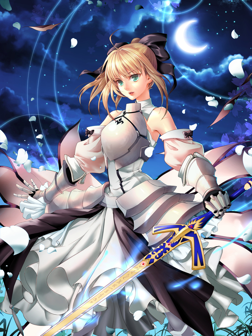 absurdres armor armored_dress artoria_pendragon_(all) black_bow blonde_hair bow caliburn cloud cowboy_shot crescent_moon dress expressionless fate/stay_night fate/unlimited_codes fate_(series) gloves green_eyes hair_bow highres moon night saber saber_lily short_hair sky solo soucl sword weapon white_dress