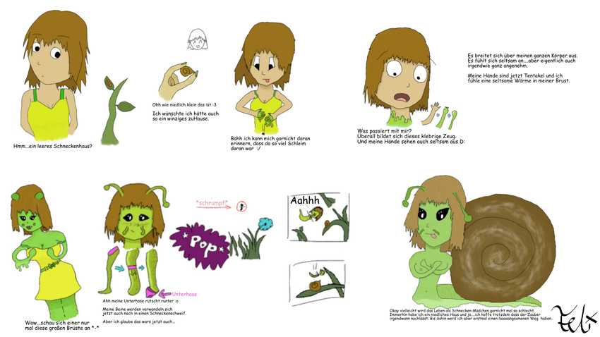 absurd_res breast_expansion breasts comic cute felix1711 female gastropod german green_skin hi_res nude plant shell shrink slug snail snail_shell tentacles text transformation translated