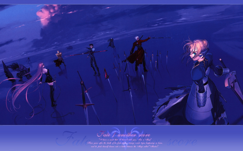 5boys aqua_eyes archer arm_at_side armor armored_dress artoria_pendragon_(all) assassin_(fate/stay_night) avalon_(fate/stay_night) beach berserker black_dress black_footwear black_hair blonde_hair blue blue_dress boots border braided_bun breasts caster chain cloud cloudy_sky coat dagger dark_skin dark_skinned_male dress dual_wielding dutch_angle excalibur facial_mark facing_away fate/stay_night fate_(series) floating_hair forehead_mark from_above gae_bolg gauntlets gilgamesh highres holding holding_dagger holding_polearm holding_sword holding_weapon juliet_sleeves koyama_hirokazu lancer large_breasts left-handed light_particles long_hair long_sleeves looking_at_viewer mask monohoshizao multiple_boys multiple_girls muscle nameless_dagger ocean one_knee outstretched_arm outstretched_hand pants planted_sword planted_weapon polearm puffy_sleeves purple_hair red_coat reflective_floor rider saber sheath sheathed shirtless short_dress sidelocks sky spear standing strapless strapless_dress sword thigh_boots thighhighs true_assassin unsheathed very_long_hair wading wallpaper weapon white_hair wind zettai_ryouiki